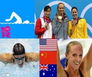 yapboz Yüzme bayanlar 100 metre kelebek podyum, Dana Vollmer (ABD), Lu Ying (Çin) ve Alicia Coutts (Avustralya) - Londra 2012-